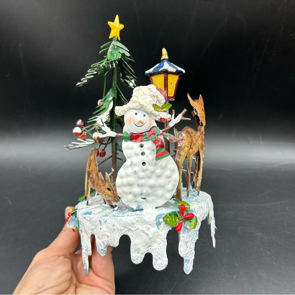 Home Interiors Metal Christmas Candle Jar Topper Snowman Deer Tree 8” Holiday